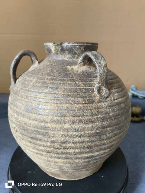 古玩陶瓷明代褐釉弦紋雙系大罐拍賣,當前價格980元