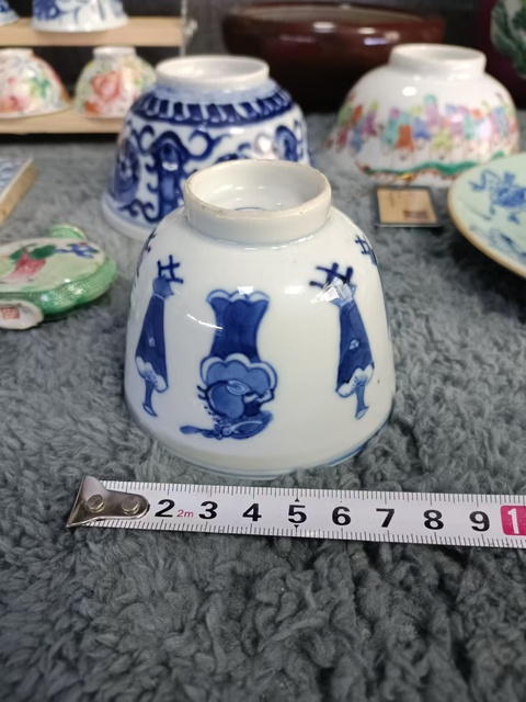 古玩陶瓷晚清福壽紋款博古圖青花杯拍賣，當前價格3888元