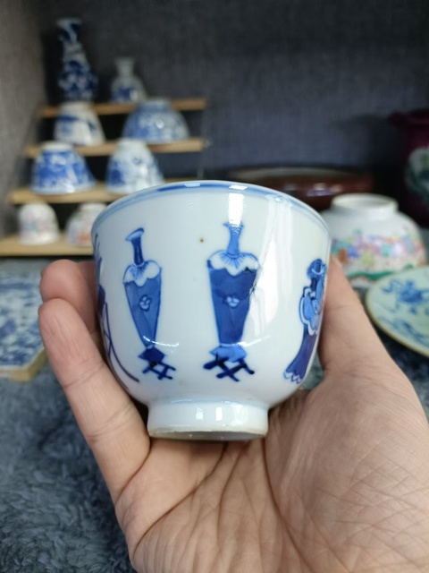 古玩陶瓷晚清福壽紋款博古圖青花杯拍賣，當前價格3888元