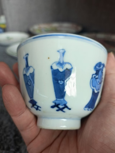 古玩陶瓷晚清福壽紋款博古圖青花杯拍賣，當前價格3888元