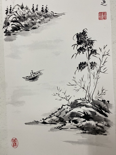 古玩字畫僅此一套，老年書畫協會會員，實力派畫家精品力作，水墨山水四條屏春夏秋冬卡紙收藏結緣拍賣，當前價格899元