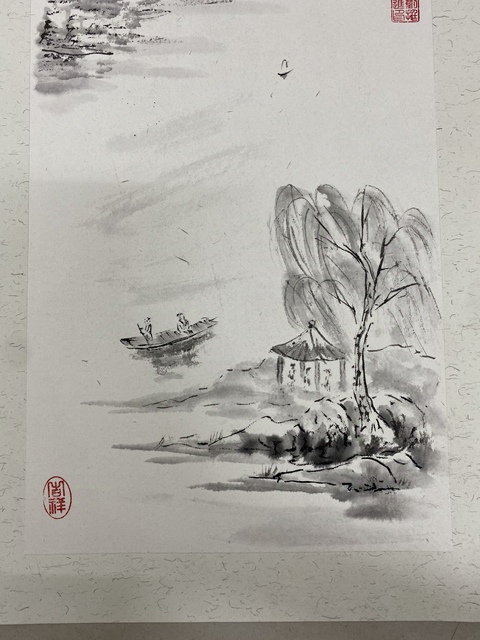 古玩字畫僅此一套，老年書畫協會會員，實力派畫家精品力作，水墨山水四條屏春夏秋冬卡紙收藏結緣拍賣，當前價格899元