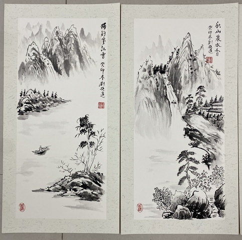古玩字畫僅此一套，老年書畫協會會員，實力派畫家精品力作，水墨山水四條屏春夏秋冬卡紙收藏結緣拍賣，當前價格899元