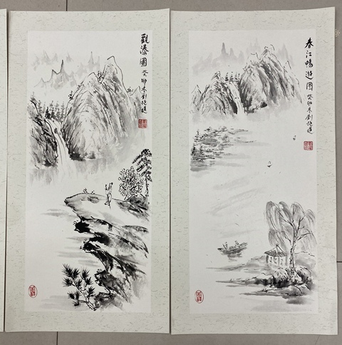 古玩字畫僅此一套，老年書畫協會會員，實力派畫家精品力作，水墨山水四條屏春夏秋冬卡紙收藏結緣拍賣，當前價格899元