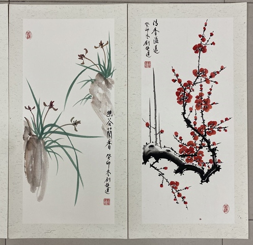 古玩字畫僅此一套,老年書畫家協會會員,實力派畫家精品力作,國畫卡紙梅蘭竹菊四條屏收藏結緣拍賣,當前價格599元