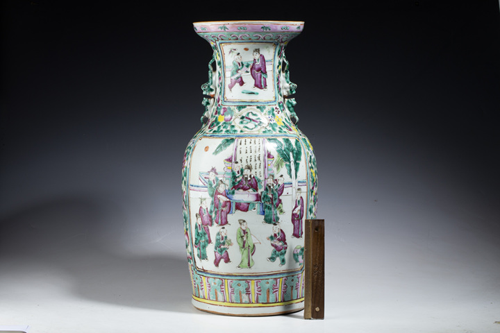 古玩陶瓷清晚·粉彩拜壽圖獅耳瓶拍賣，當前價格6666元