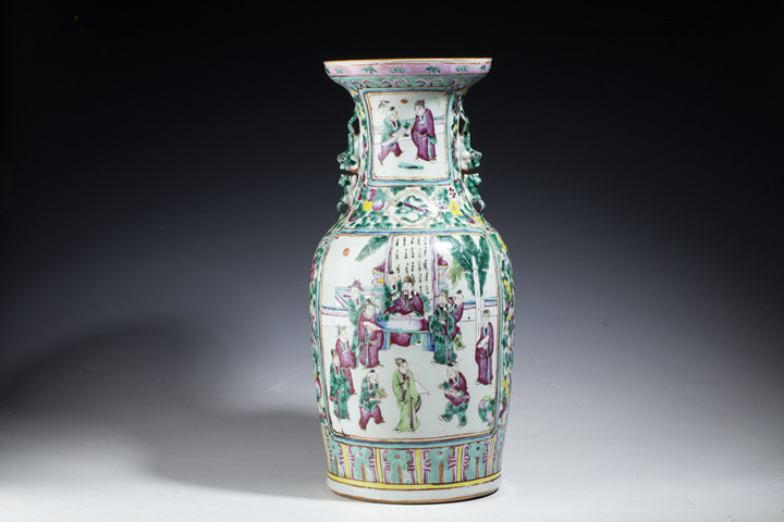 古玩陶瓷清晚·粉彩拜壽圖獅耳瓶拍賣，當前價格6666元