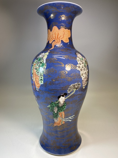 古玩陶瓷清晚灑藍釉五彩描金八仙人物觀音瓿拍賣,當前價格18800元