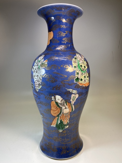 古玩陶瓷清晚灑藍釉五彩描金八仙人物觀音瓿拍賣,當前價格18800元