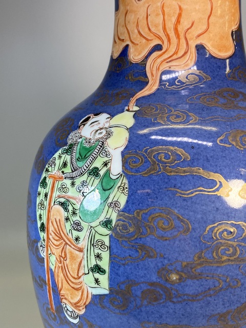 古玩陶瓷清晚灑藍釉五彩描金八仙人物觀音瓿拍賣,當前價格18800元