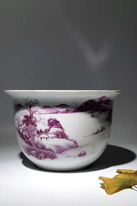 古玩陶瓷【精品】胭脂紅彩山水人物紋花盆拍賣,當(dāng)前價(jià)格5400元