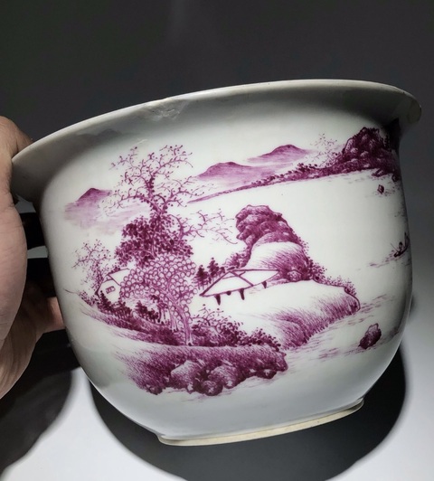 古玩陶瓷【精品】胭脂紅彩山水人物紋花盆拍賣,當(dāng)前價(jià)格5400元