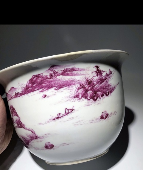 古玩陶瓷【精品】胭脂紅彩山水人物紋花盆拍賣,當(dāng)前價(jià)格5400元