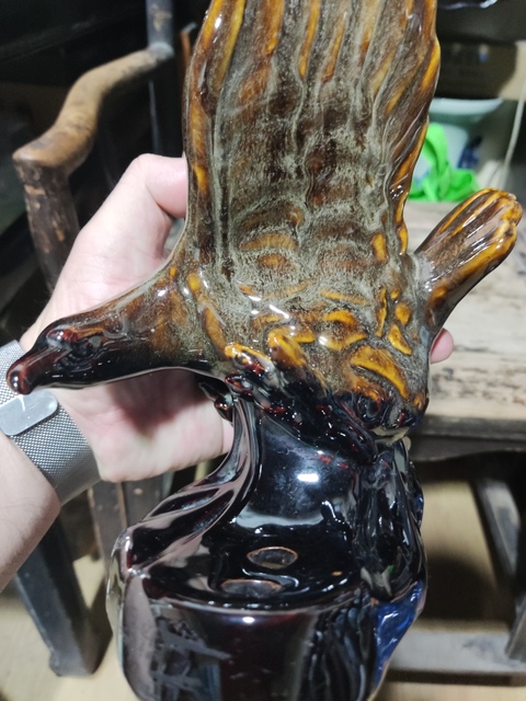 古玩陶瓷70年代河南彩鈞瓷雄鷹展翅塑像拍賣，當前價格228元