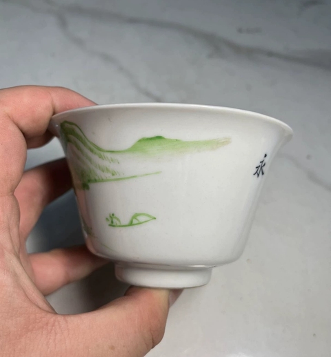 古玩陶瓷民國山水人物紋綠彩杯拍賣，當前價格320元