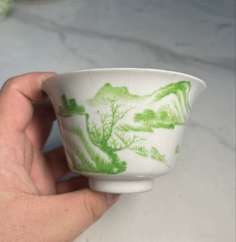 古玩陶瓷民國山水人物紋綠彩杯拍賣，當前價格320元
