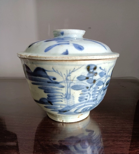 古玩陶瓷明末清初青花山水人物紋蓋缸拍賣,當前價格588元