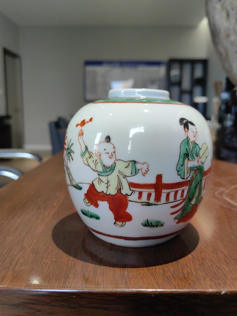 古玩陶瓷五彩三娘教子故事紋茶葉罐拍賣,當前價格1280元