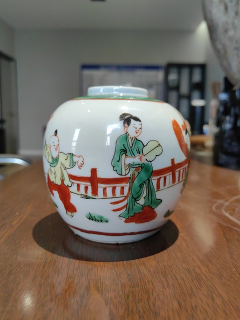 古玩陶瓷五彩三娘教子故事紋茶葉罐拍賣,當前價格1280元
