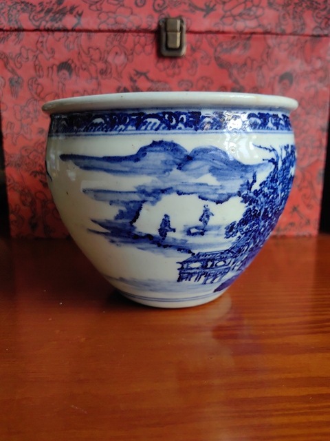 古玩陶瓷青花山景人物詩文案缸拍賣，當前價格5199元
