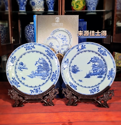 古玩陶瓷【放漏撿漏佳士得精品一對】乾隆青花山水高士泛舟圖大盤盤拍賣，當前價格8180元