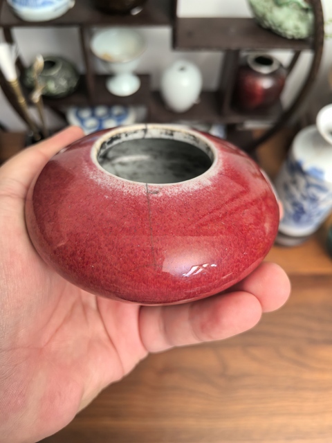 古玩陶瓷清中期乾隆郎窯紅釉飛碟水盂拍賣，當(dāng)前價格3300元