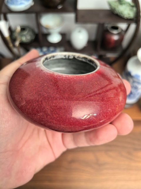 古玩陶瓷清中期乾隆郎窯紅釉飛碟水盂拍賣，當(dāng)前價格3300元