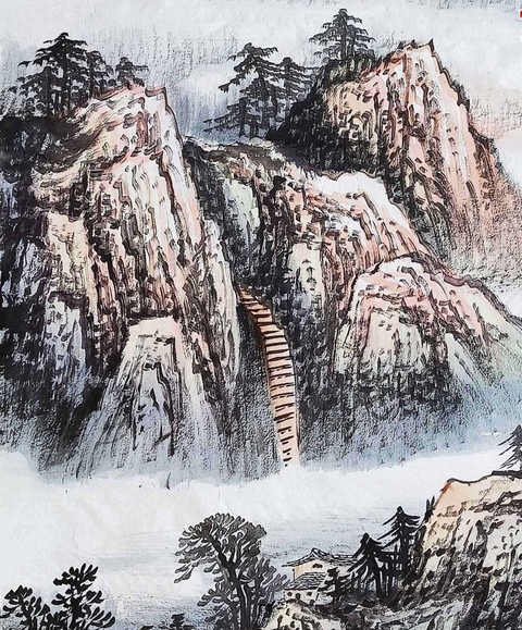 古玩字畫帶合影,授權拍賣 山東省美協會員、知名畫家何玉潔作品:千尋瀑布入云端拍賣,當前價格550元