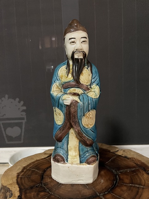 古玩陶瓷清末民初孔雀藍釉財神瓷塑拍賣,當前價格999元