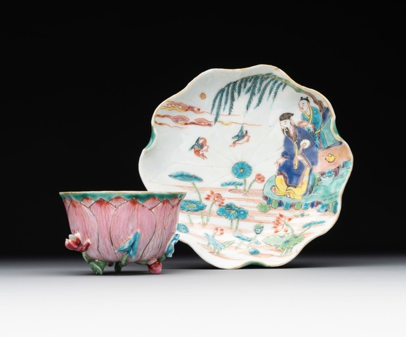古玩陶瓷【雍乾精品孤品】粉彩蓮花形周敦頤愛蓮圖杯碟拍賣,當前價格88888元