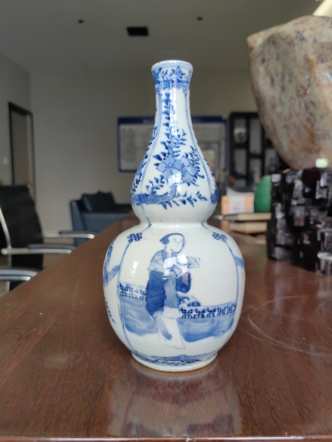 古玩陶瓷晚清青花【二喬并讀】圖葫蘆瓶拍賣,當前價格5988元