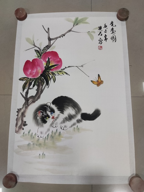 古玩字畫手工托底名家貓王璞石 貓趣圖拍賣,當前價格188元