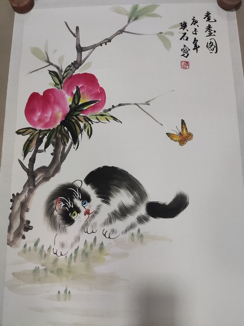 古玩字畫手工托底名家貓王璞石 貓趣圖拍賣,當前價格188元