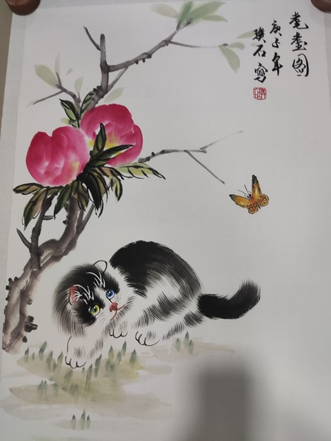 古玩字畫手工托底名家貓王璞石 貓趣圖拍賣,當前價格188元