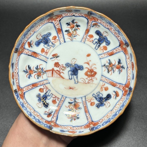 古玩陶瓷清康熙·青花礬紅描金“童子嬰戲圖”人物故事花口盤一對拍賣,當前價格1680元