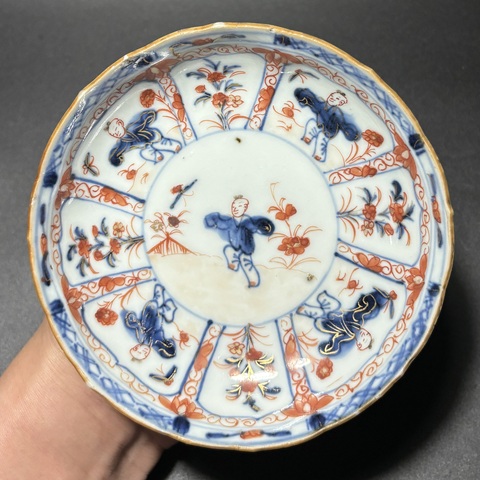 古玩陶瓷清康熙·青花礬紅描金“童子嬰戲圖”人物故事花口盤一對拍賣,當前價格1680元