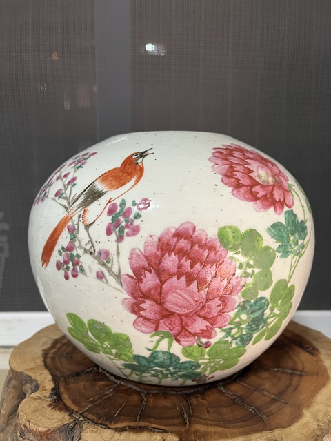古玩陶瓷民國粉彩花鳥紋西瓜罐拍賣，當前價格680元