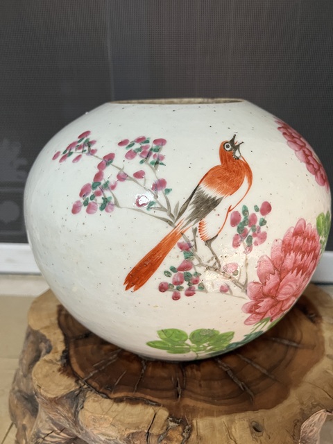 古玩陶瓷民國粉彩花鳥紋西瓜罐拍賣，當前價格680元