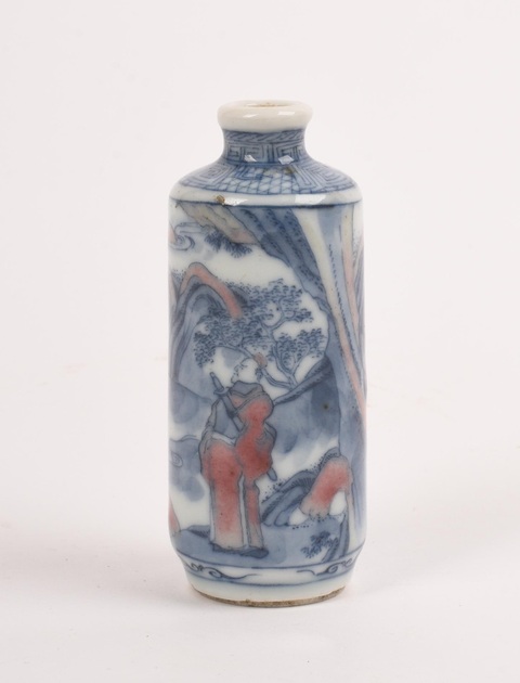 古玩陶瓷清中晚·青花釉里紅人物故事紋鼻煙壺真品鑒賞圖