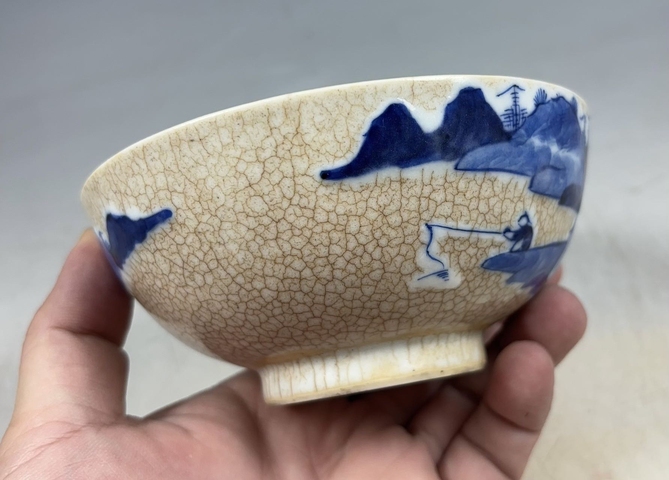 古玩陶瓷【清:道光】哥釉青花山水人物紋茶碗【收藏珍品】【平臺(tái)僅此一件】拍賣，當(dāng)前價(jià)格1588元