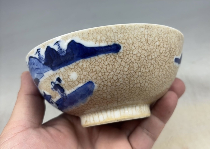 古玩陶瓷【清:道光】哥釉青花山水人物紋茶碗【收藏珍品】【平臺(tái)僅此一件】拍賣，當(dāng)前價(jià)格1588元