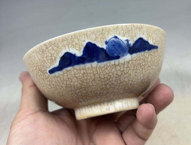 古玩陶瓷【清:道光】哥釉青花山水人物紋茶碗【收藏珍品】【平臺(tái)僅此一件】拍賣，當(dāng)前價(jià)格1588元