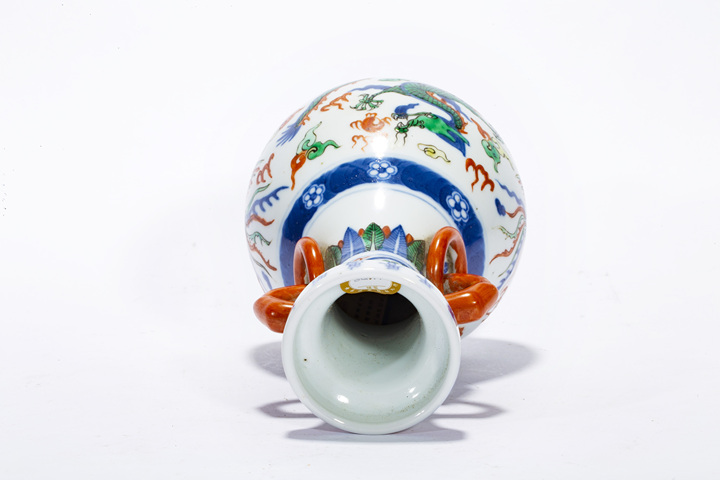 古玩陶瓷清末民初·青花五彩龍鳳呈祥紋雙耳銜環瓶拍賣，當前價格1338元