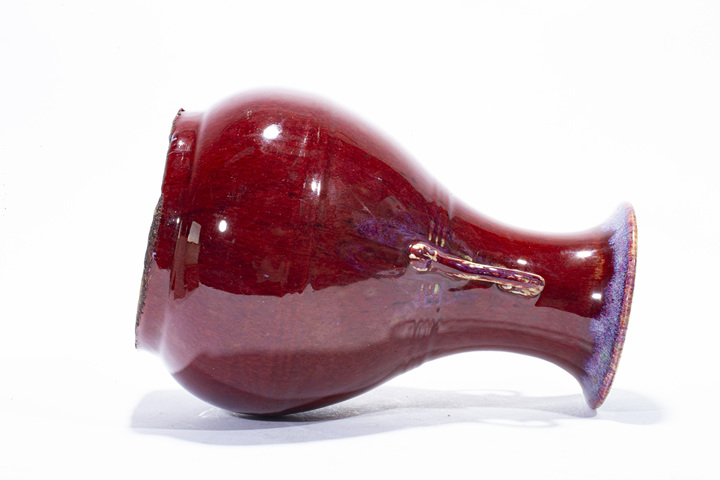 古玩陶瓷清中·窯變紅釉雙耳尊真品鑒賞圖