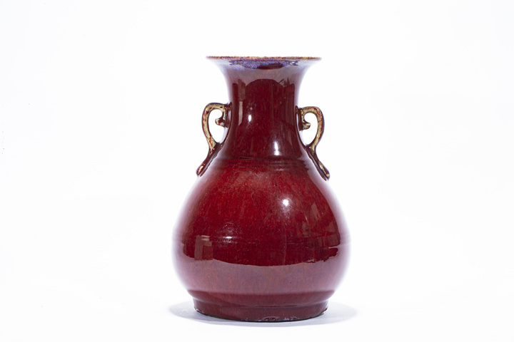 古玩陶瓷清中·窯變紅釉雙耳尊真品鑒賞圖