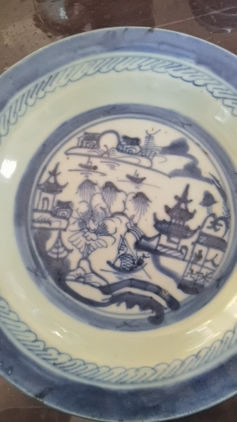 古玩陶瓷青花山水人物紋折沿盤拍賣，當前價格999元