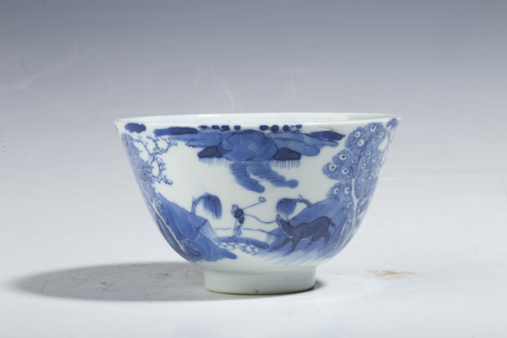 古玩陶瓷清中晚·錦堂發(fā)記款青花漁樵耕讀紋茶圓拍賣，當(dāng)前價(jià)格4500元