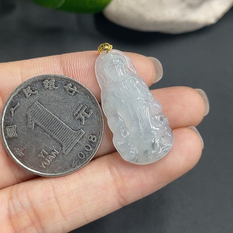 古玩玉器7天然翡翠A貨鑲嵌掛件（正冰種） 觀音 18k金  約重2.7g拍賣，當前價格270元