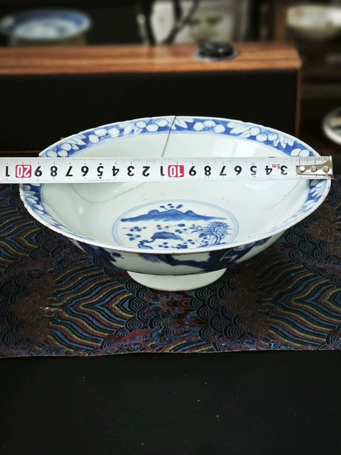 古玩陶瓷【小康人物畫片整器標本】清光緒青花三星高照圖折沿碗拍賣，當前價格288元