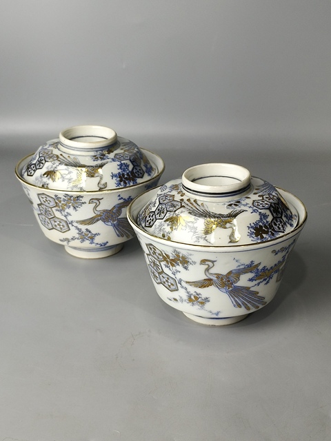 古玩陶瓷十九世紀(jì)·青花描金花鳥紋蓋碗一對(duì)（日本）真品鑒賞圖